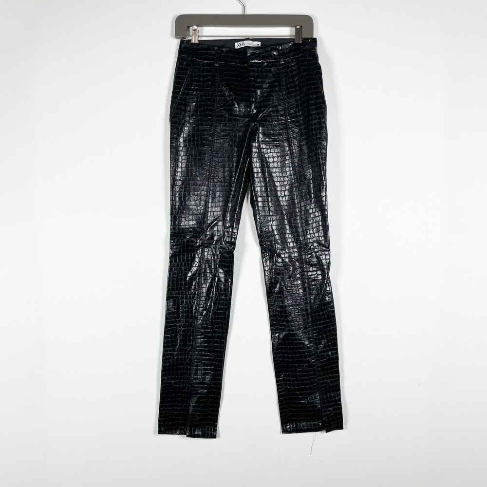 Zara Faux Vegan Leather Croc Embossed Mid Rise Straight Leg Trouser Pants Black